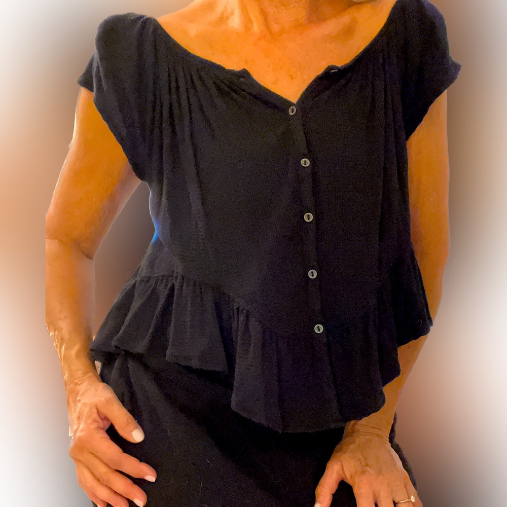 We the free/free people black short sleeve, ruffle bottom button down size S